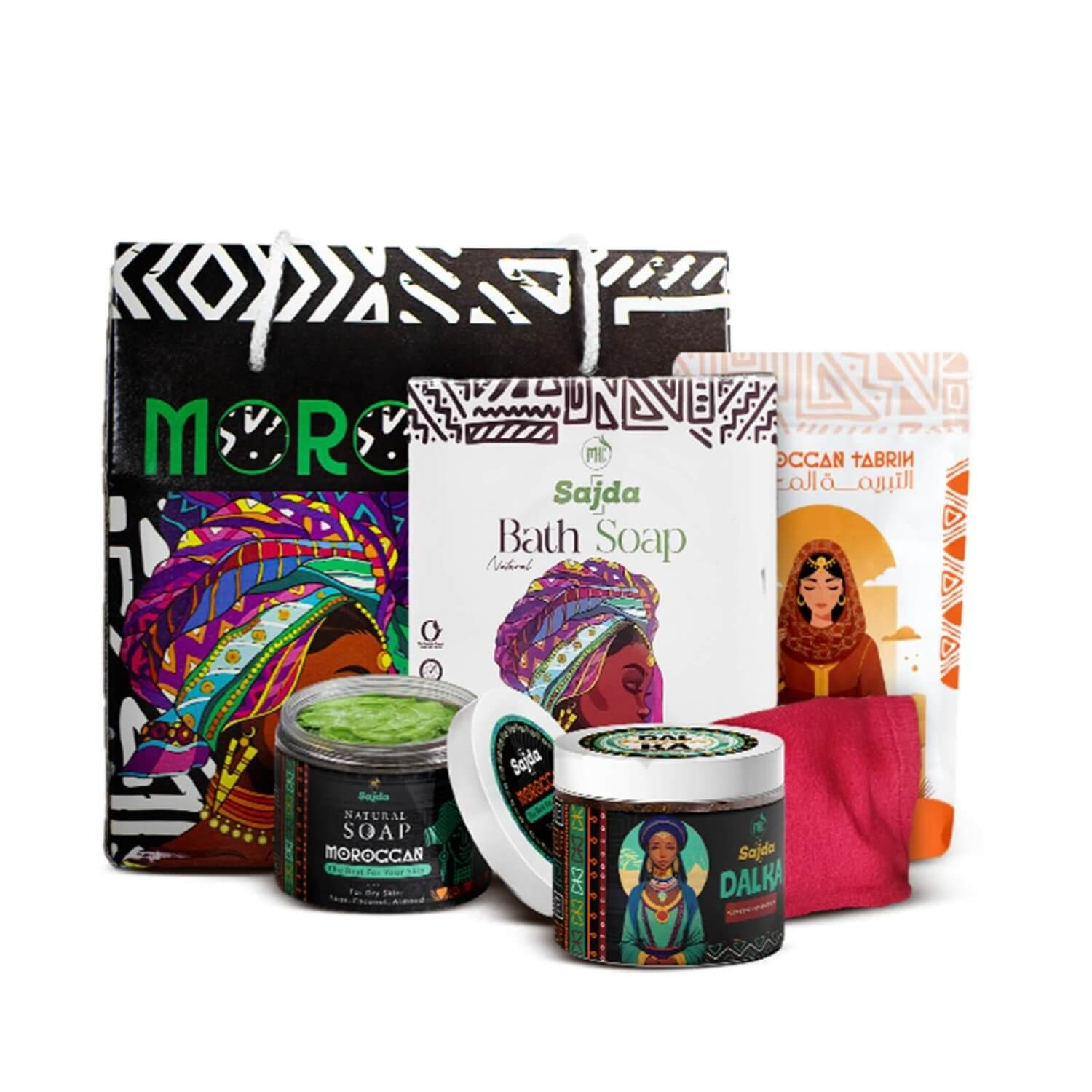 الروتين الملكي المغربي المجموعة الكاملة ( صابون مغربي+ دلكة + ليفة مغربية + التبريمة المغربية )
